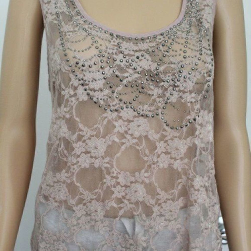 Charlotte Russe sheer mash floral/rose print top/blouse L tan sleeveless - Picture 5 of 16